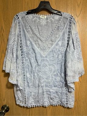 Kindred Light Blue Embroidered V-Neck Tunic Top with Crochet Trim